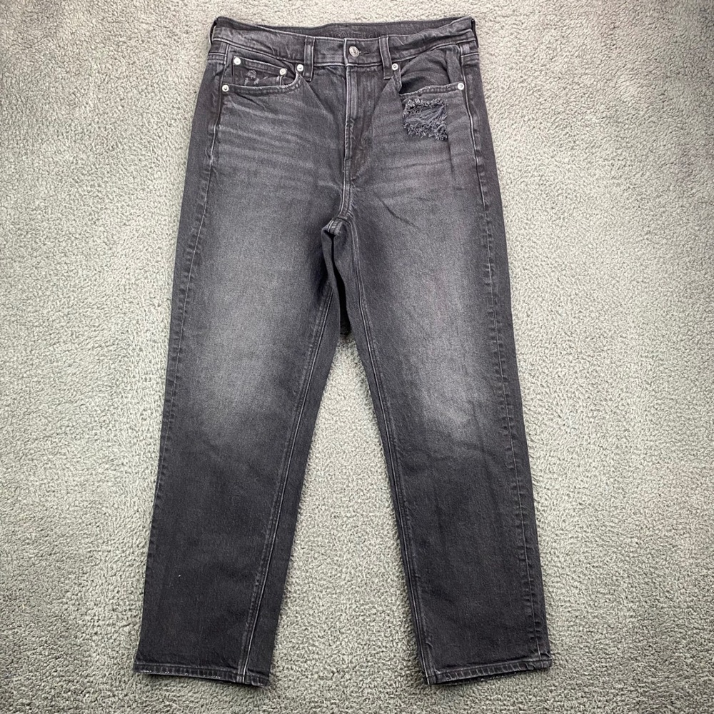 American Eagle Women Jeans Size 8 Black Wash Mom Jeans Distressed Ripped Stretch